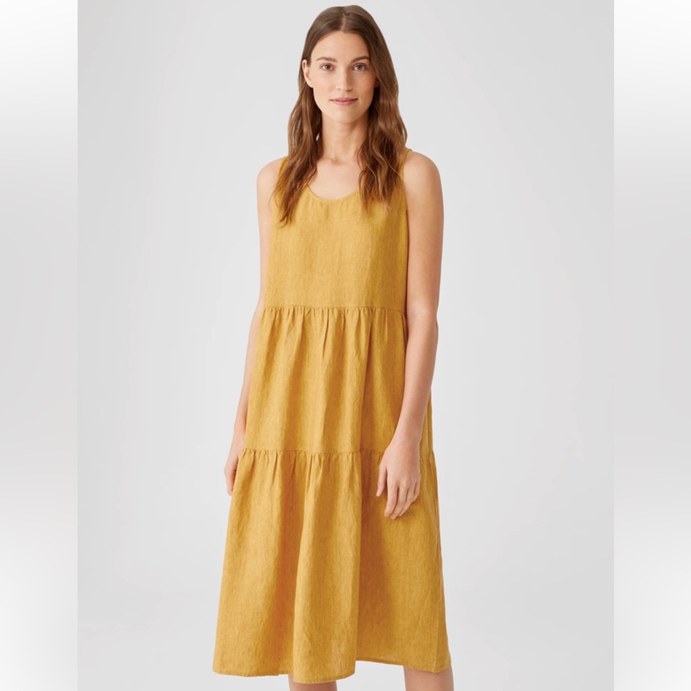 Eileen Fisher Marigold Organic Linen Delave Tiered Dress Size Medium